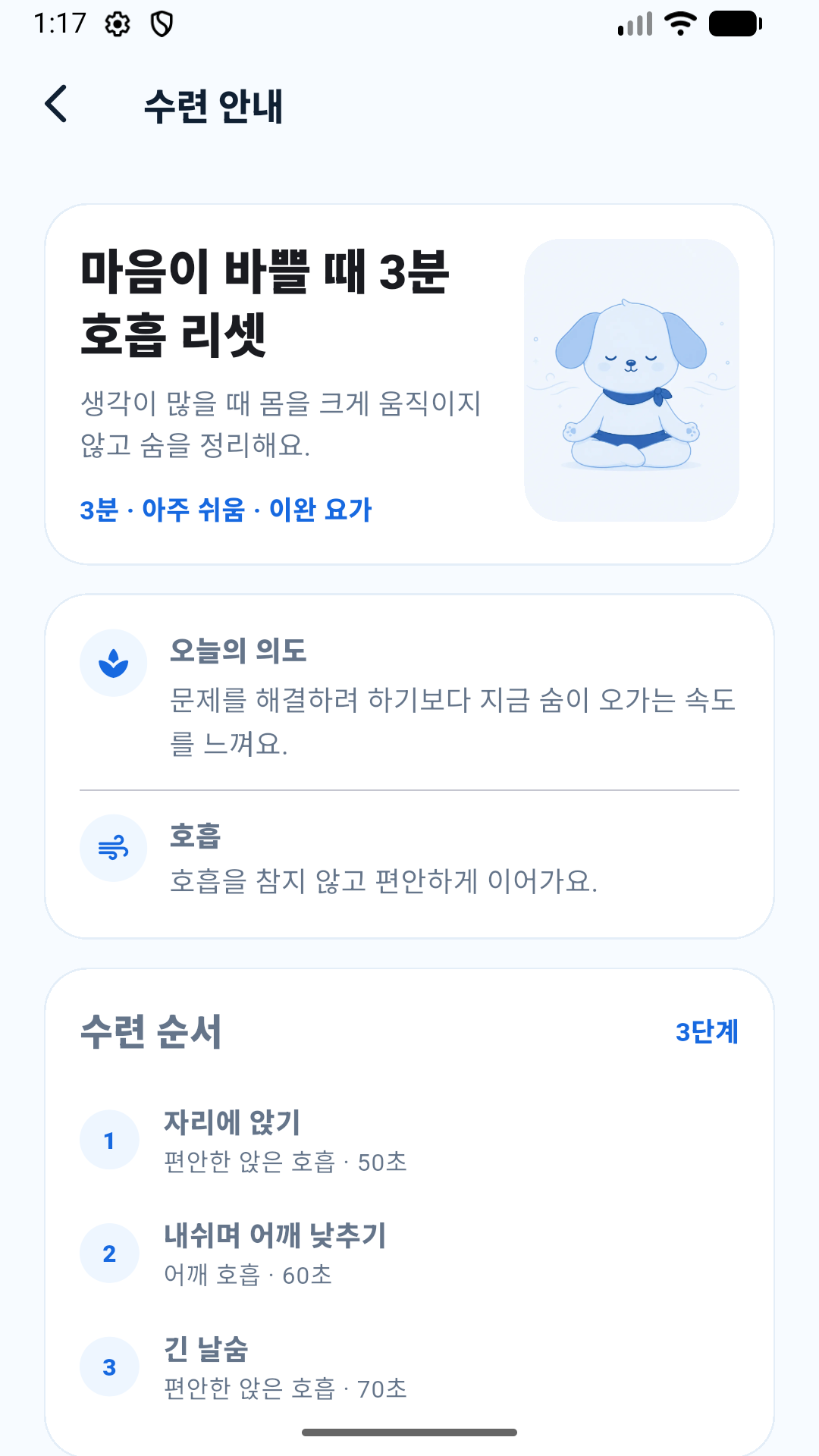 수련 의도와 호흡, 순서를 확인하는 상세 화면